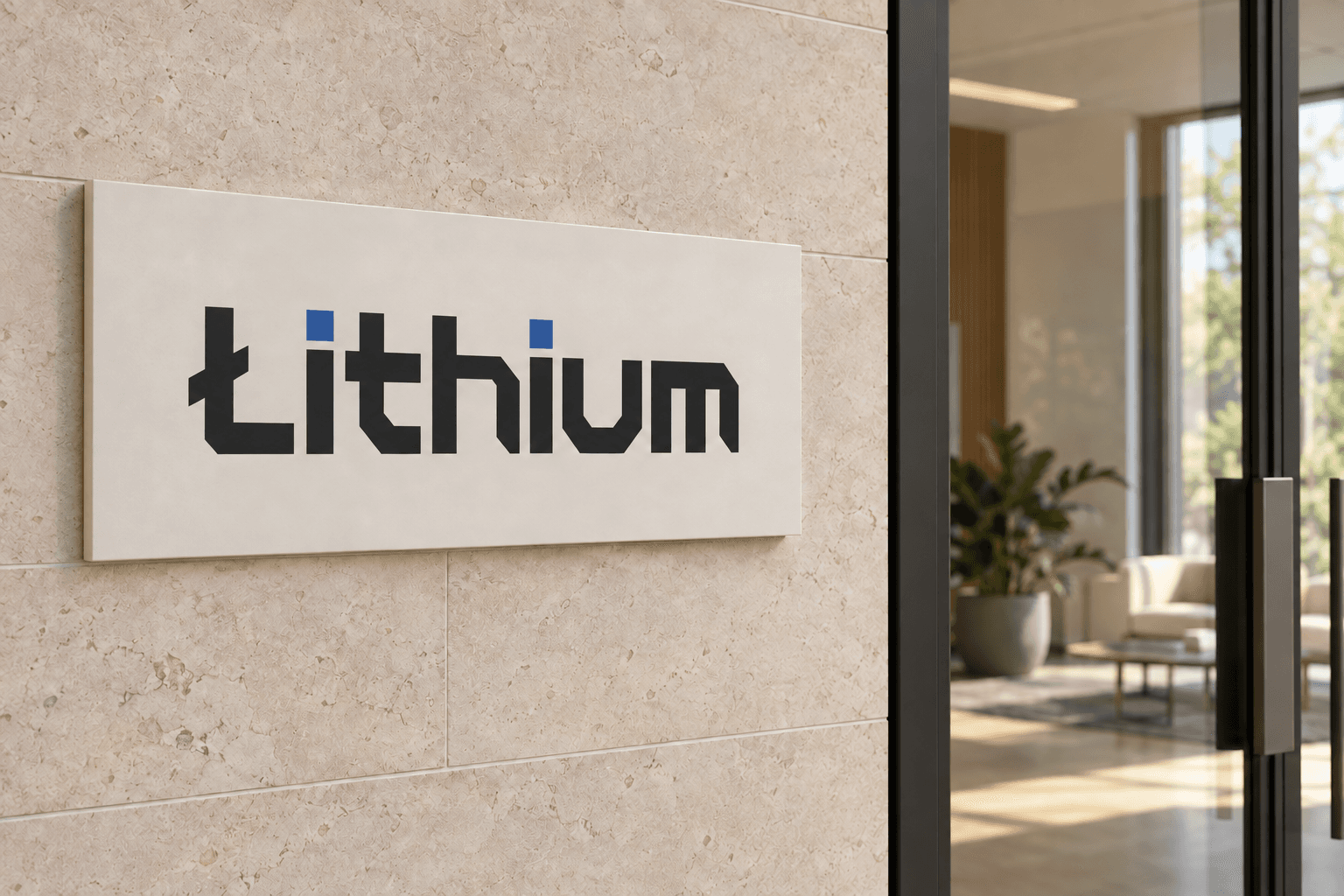 Concept mockup of Lithium's standalone wordmark used on architectural entrance signage.