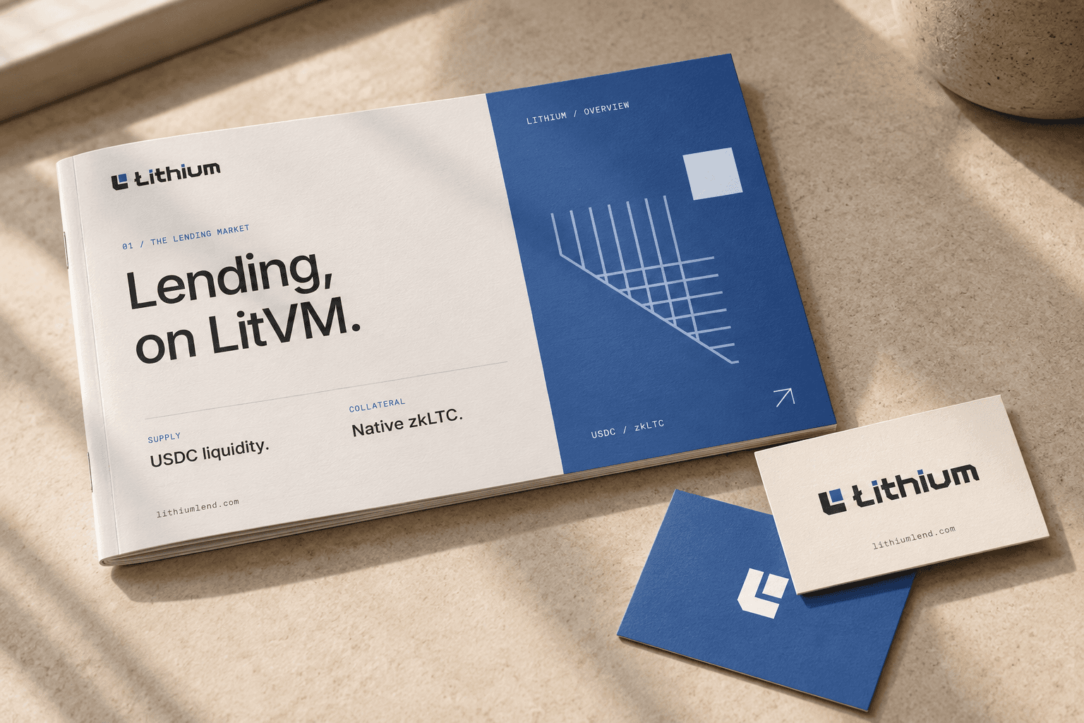 Concept mockup of a printed Lithium overview booklet and branded cards.