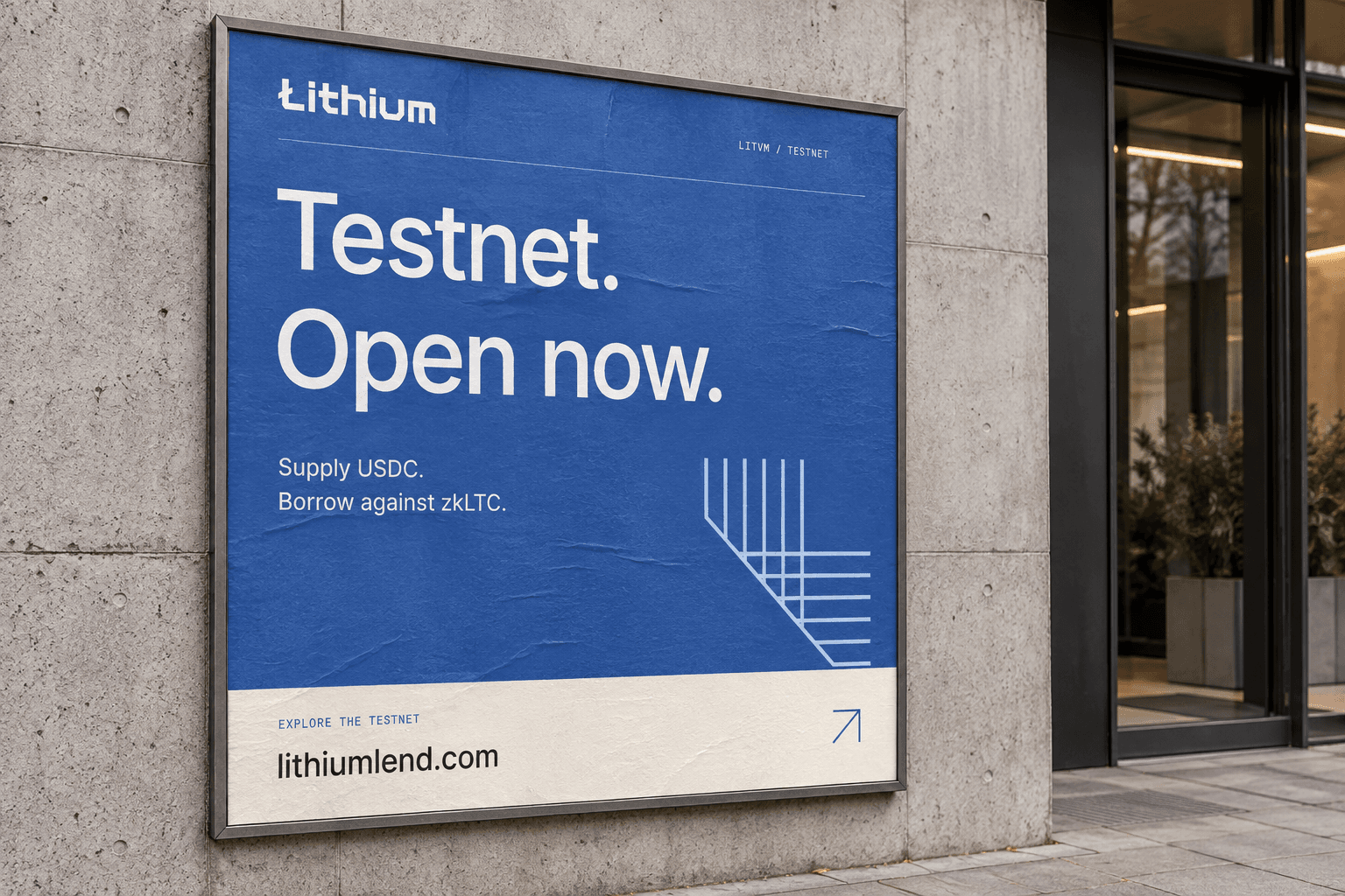 Concept mockup of the Lithium testnet announcement printed as an urban street poster.